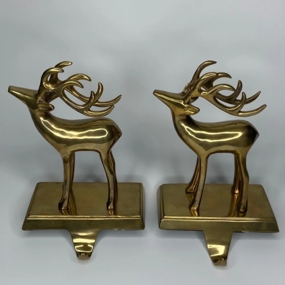 Pair of Brass Mantel‎ Holder Hangers Reindeer Christmas Holiday Stocking